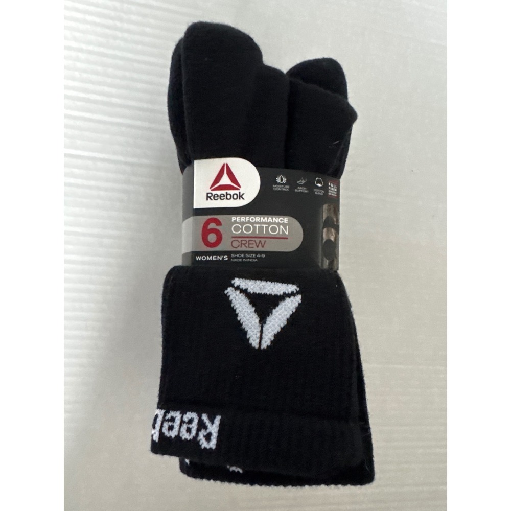 Reebok Womens Performance Cotton Crew Socks 6 Pair Pack Black Shoe Size 4-9
